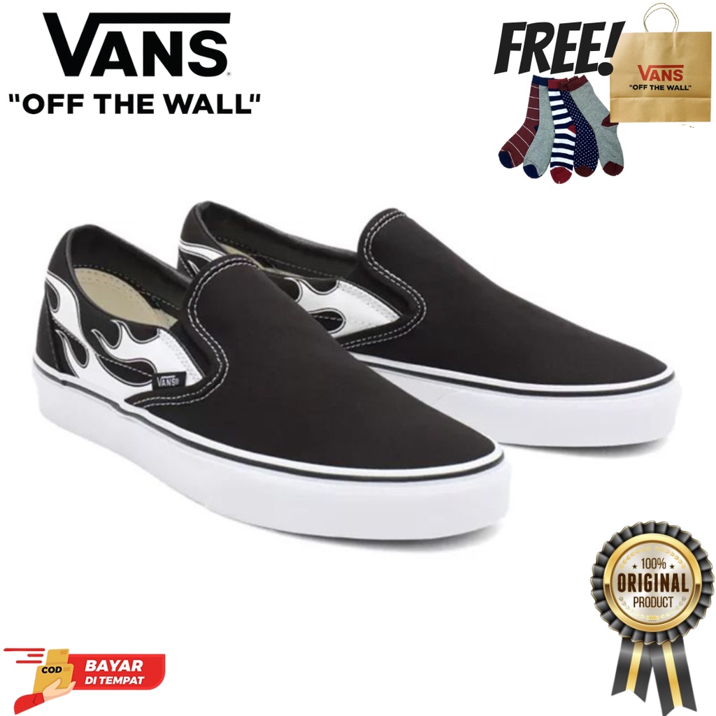 SALE DISKON! VANS SLIP ON FLAME WHITE BLACK/WHITE CLASSIC 100% ORIGINAL BNIB