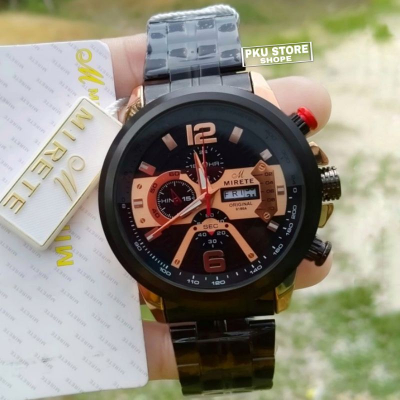 Best Seller New Cod!!!! Jam Tangan Pria Mirete Original Tahan Air// Rantai Stainlees Tanggal Hari Aktif // Jam Tangan Fashion Pria Kekinian Terlaris//Jam Tangan Cowok Murah//Jam Tangan Pria Import// Jam Tangan Pria Black Rosgold/ Rosgold/Silver