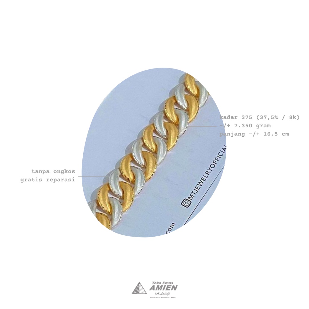 Toko Emas Amien Gelang Emas Asli MT Jewelry Kadar 375 (37,5% / 8K) 7.350 Gram - Bracelet Rantai Sisi