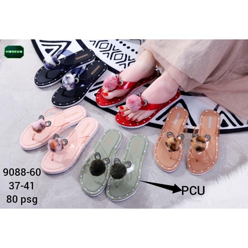 Sandal Jepit Wanita Pom Pom Bulu Lucu Anti Slip Karet Premium Elastis Import Korea Style Polos