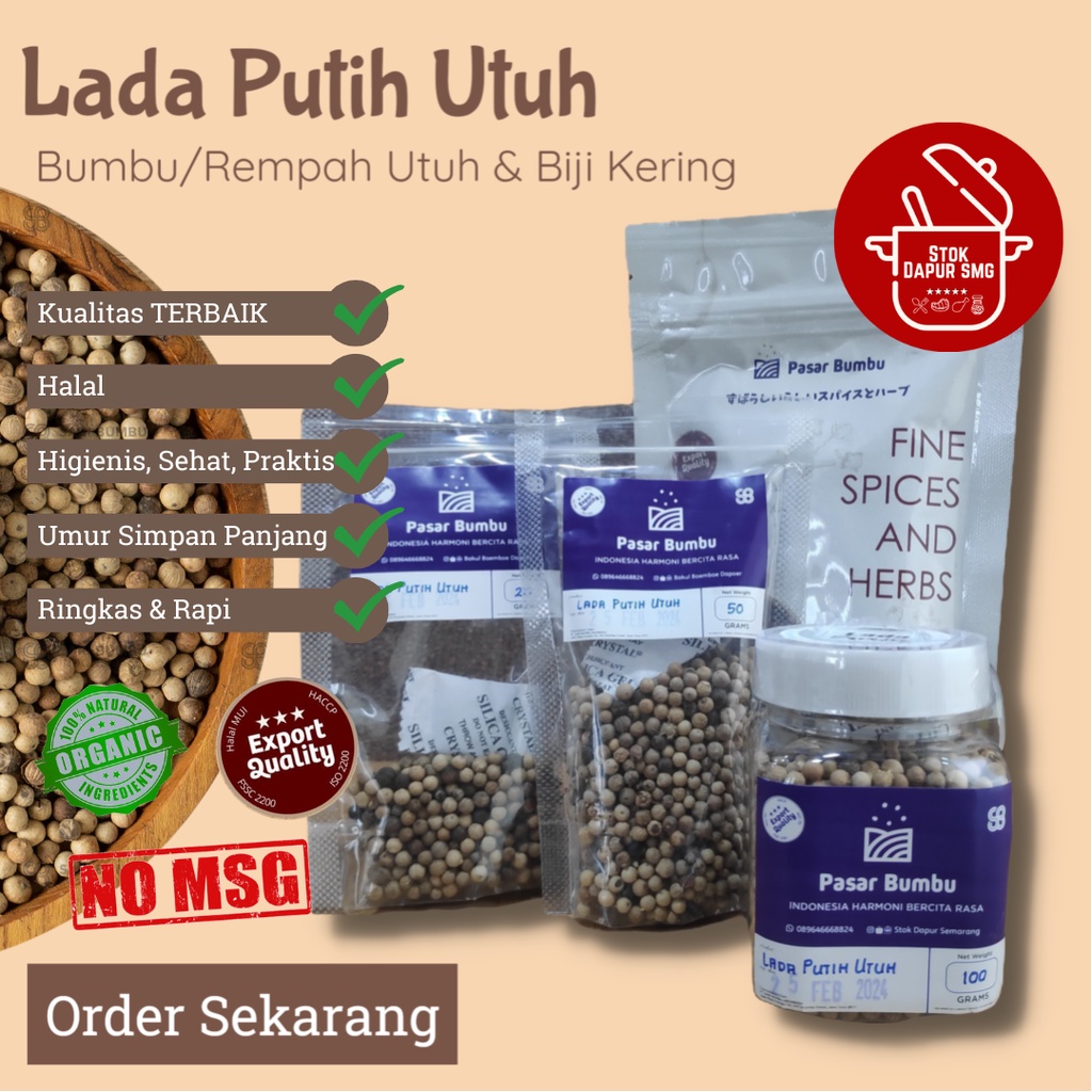 

Pasar Bumbu Biji Lada Putih Merica Utuh / WhitePepper Seeds Pouch Refill 20gr 50gr 100gr Botol 100gr