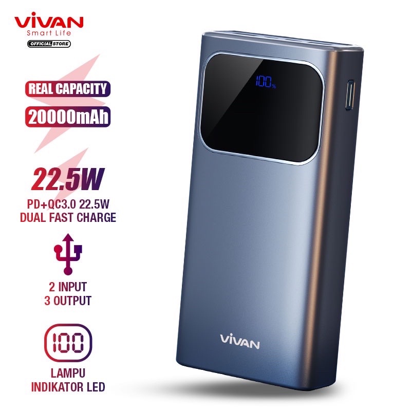 Vivan VPB-C20 20000mAh Powerbank LED Fast Quick Charge PD QC3.0 VOOC