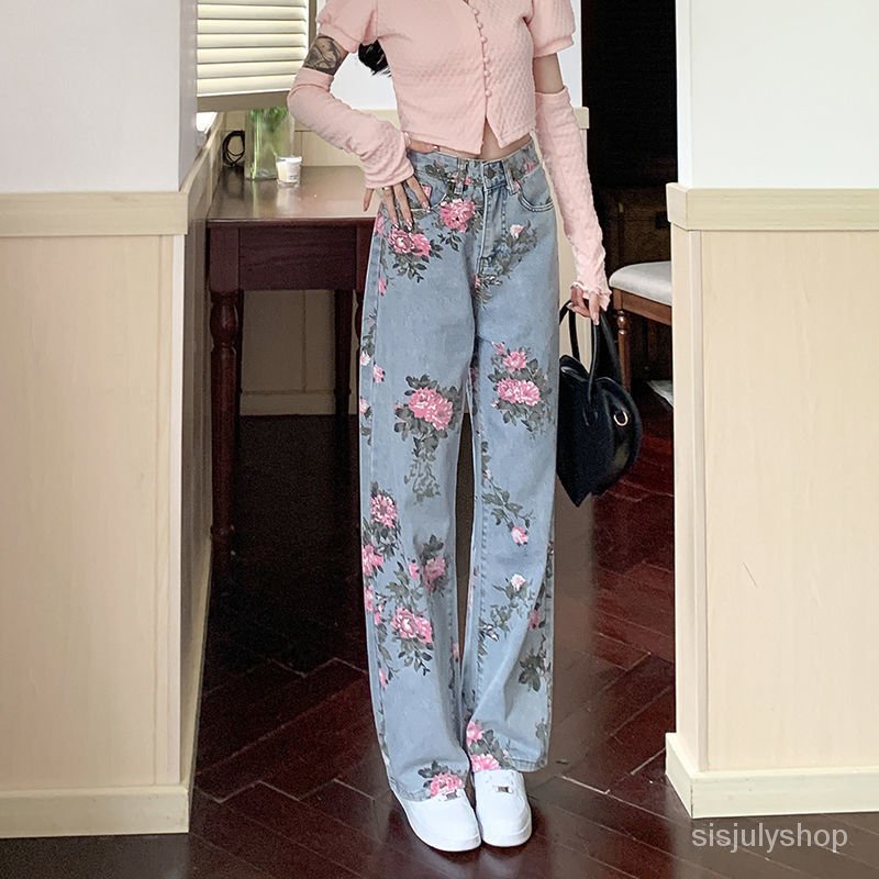 #Sisjuly# Rose jeans wanita baru longgar pinggang tinggi dicetak celana panjang berkaki lebar berkak
