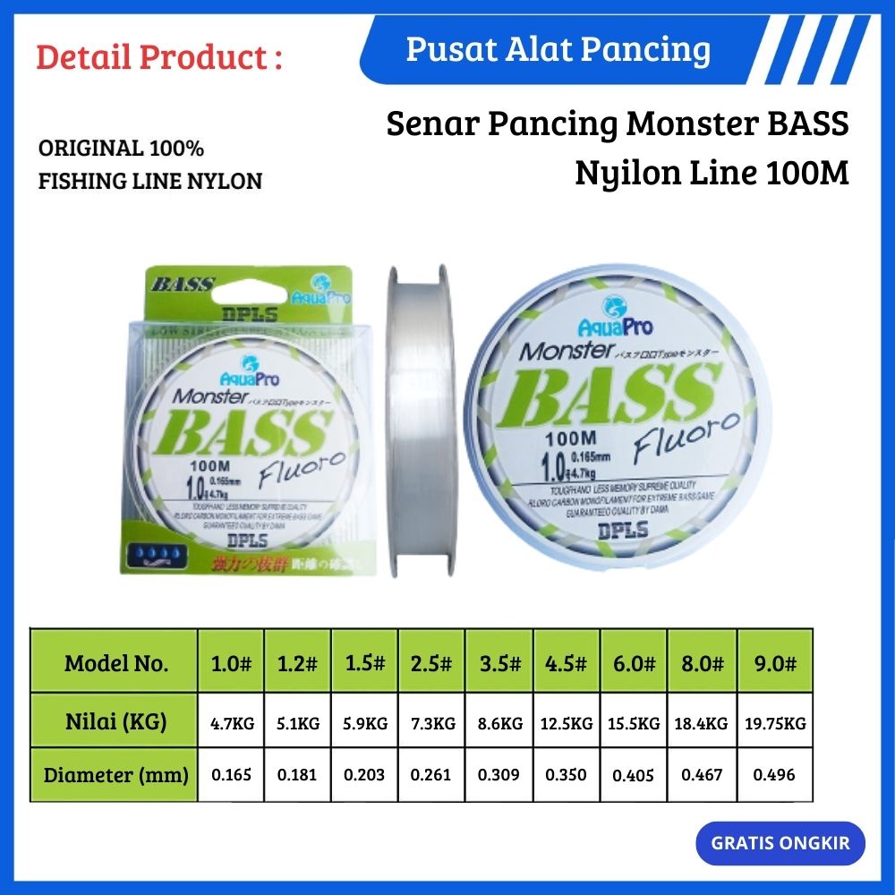 Senar Pancing Monster Bass 100M Tali Pancing Brand AquaPro Senar Monster Bass Fluoro Japan Fishing line Nylon Premium Quality