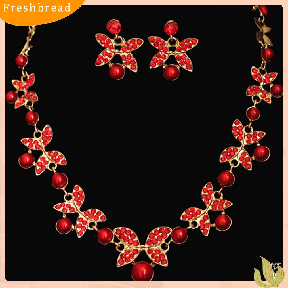 Set Perhiasan Kalung Anting Stud Rantai Mutiara Berlian Imitasi Untuk Pengantin Wanita