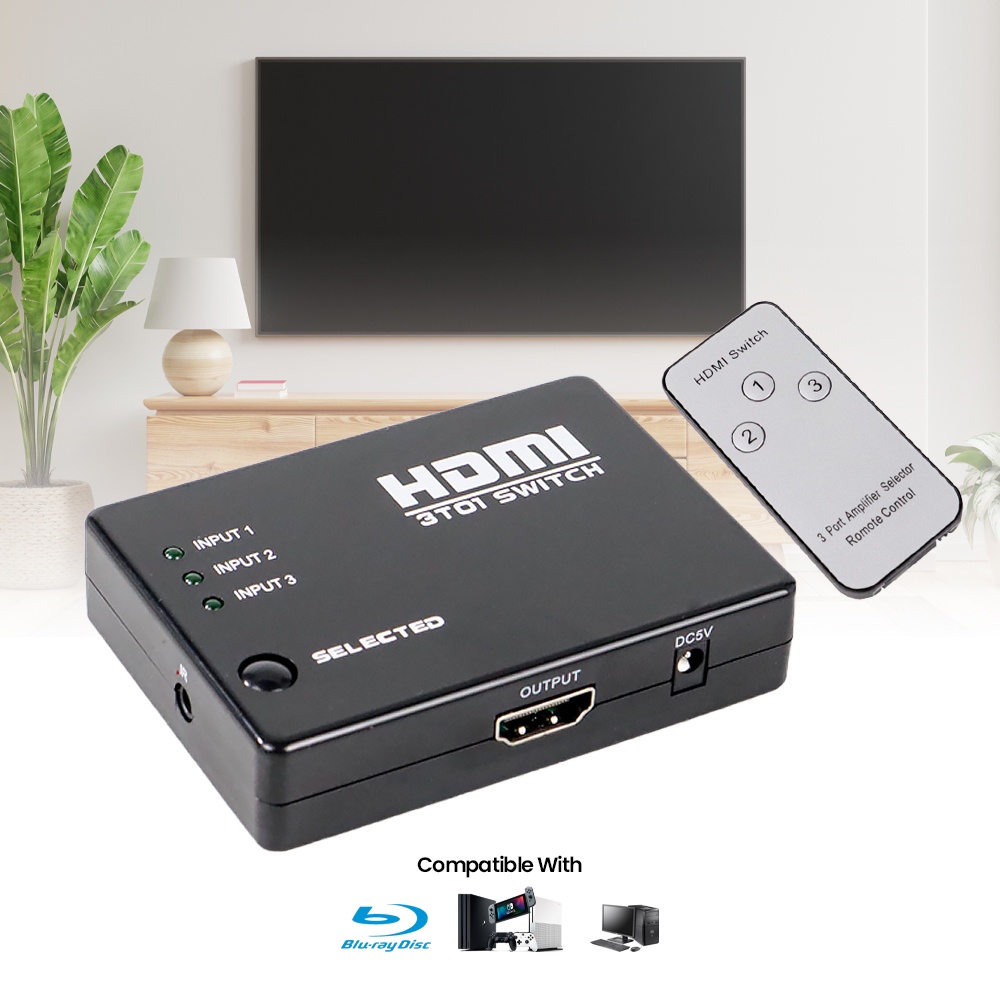 HDMI Switch 3 Port Full HD 1080P with Remote Control -  OMVA07BK Black