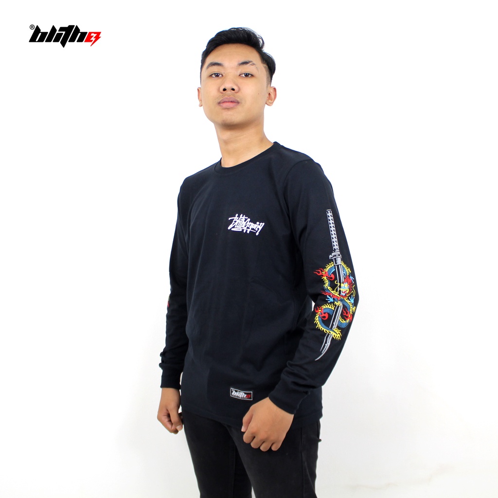 BLITH - Kaos Lengan Tangan Panjang Naga Samurai Jepang Bahan Katun Combed 30s