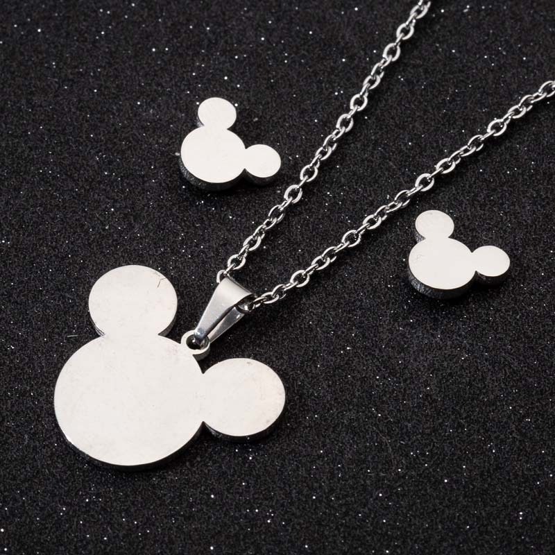 Set Kalung Dan Anting Liontin Hewan Mickey Bahan stainless steel Untuk Anak Perempuan