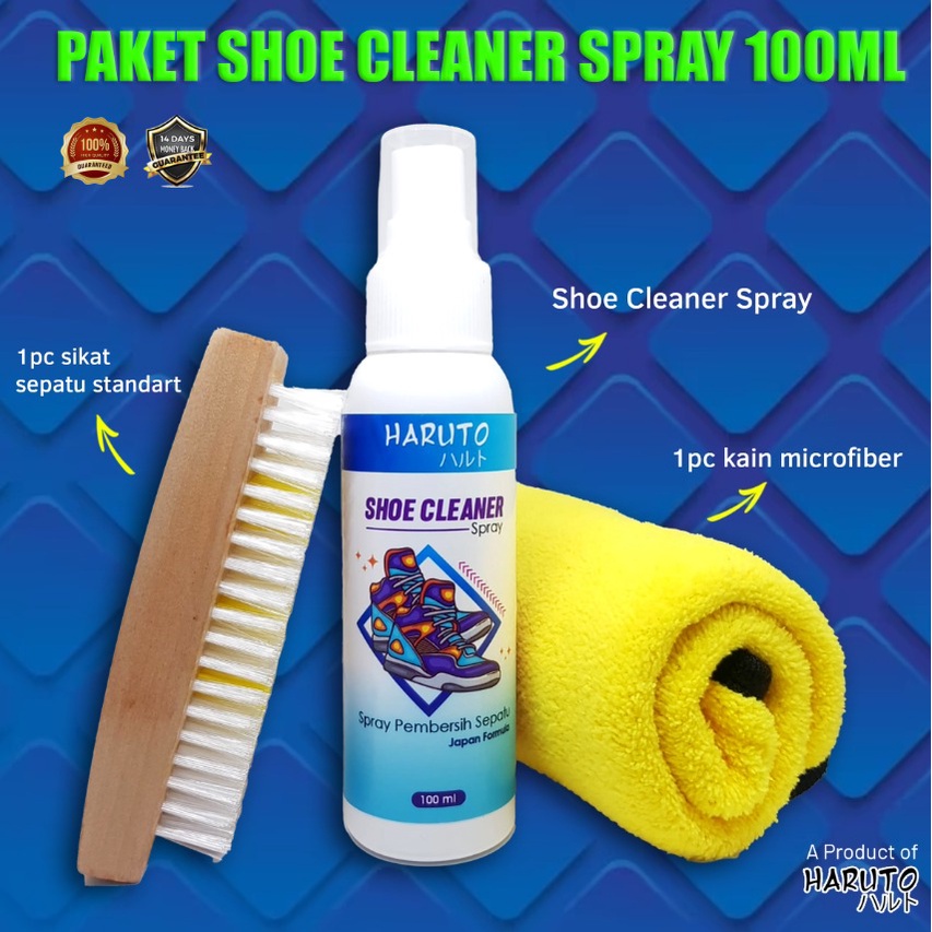 Paket pembersih sepatu Haruto shoe cleaner spray 100ml+sikat sepatu+kain microfiber uk 30x30