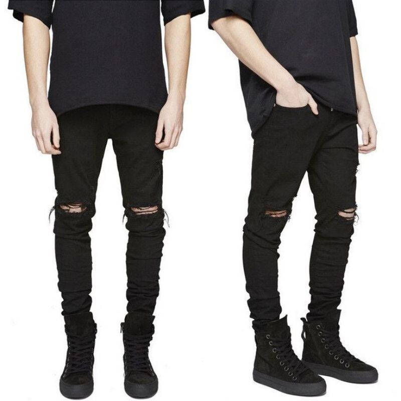 Wisdom - Celana Skinny Jeans Ripped Black Basic Stretch - tear the knee