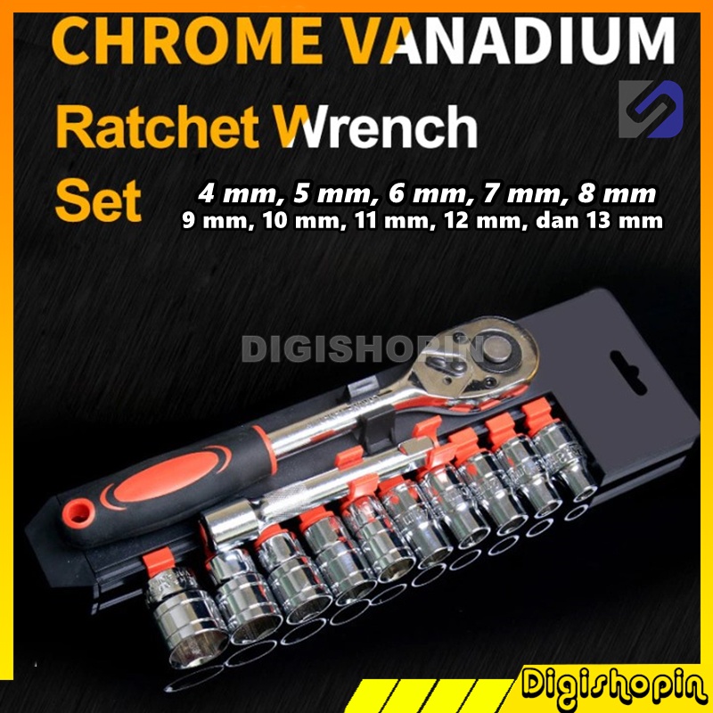 Set Kunci Pas 12 PCS CRV Drive Socket Wrench Chrome Vanadium Steel