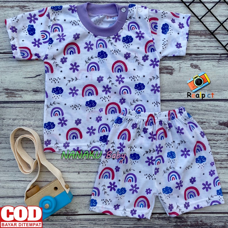 Setelan Baju Bayi Setelan Piyama Bayi Lengan Pendek Kancing Bahu Motif Pelangi Usia 3-12 Bulan Anababy.id