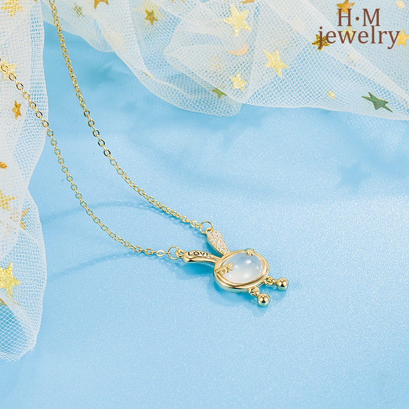 Kalung Rantai Dengan Liontin Kelinci Chalcedony Mewah Warna Putih Untuk Wanita