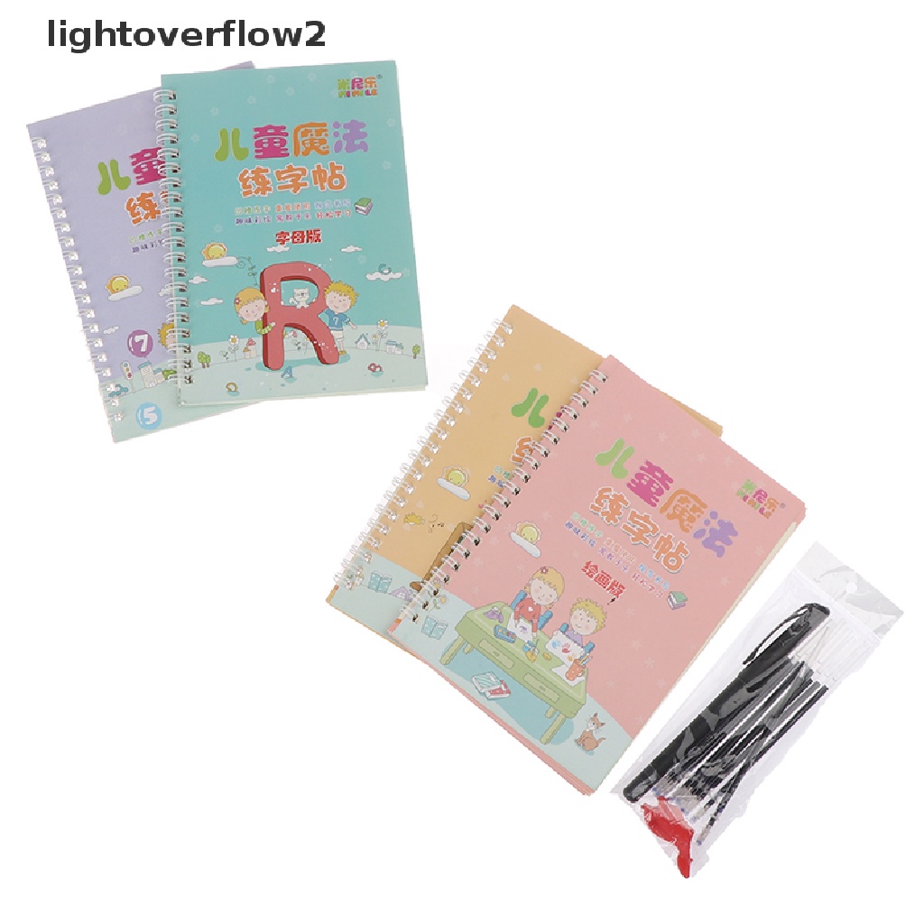 (lightoverflow2) 4pcs / Set Buku Belajar Menulis Huruf / Angka Dengan Pen Untuk Anak (ID)