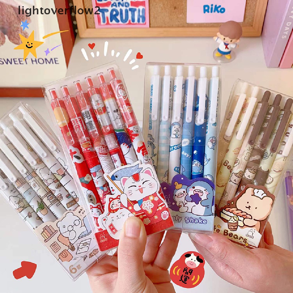 (lightoverflow2) 6pcs / Set Pulpen Tinta Gel Bentuk Kartun Beruang / Kelinci Untuk Stationery (ID)