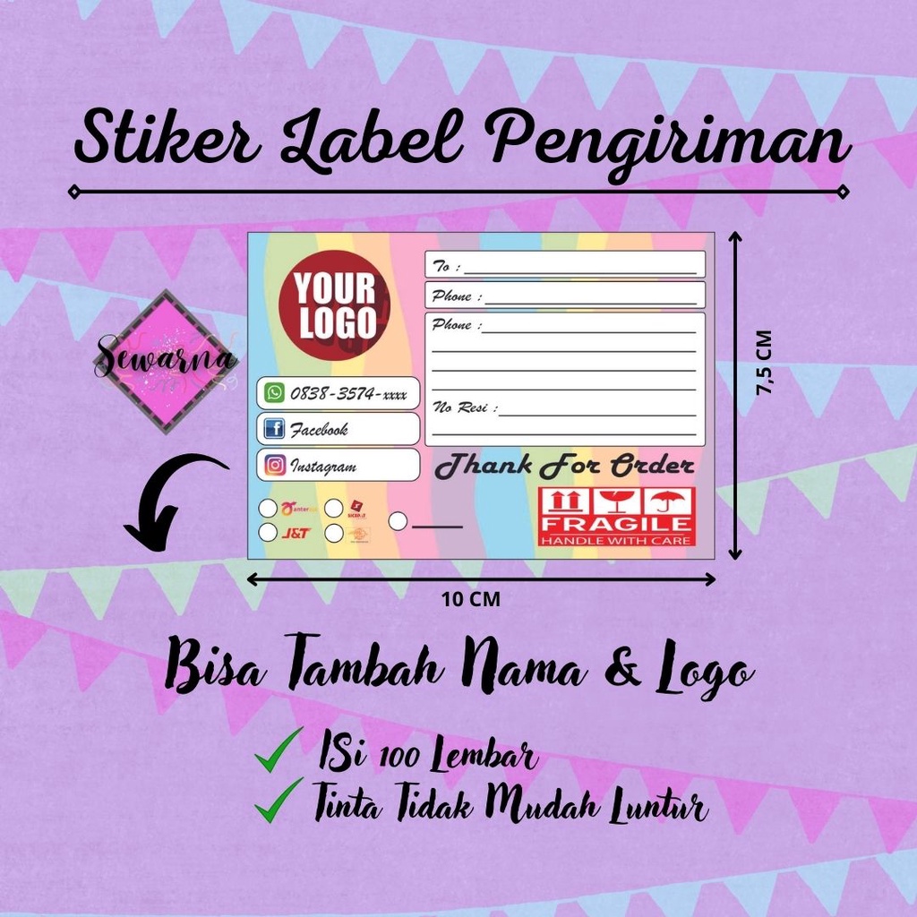 

Cetak Stiker Label Pengiriman CUSTOM bisa tambah NAMA & LOGO 10x7,5cm isi 100 Lembar