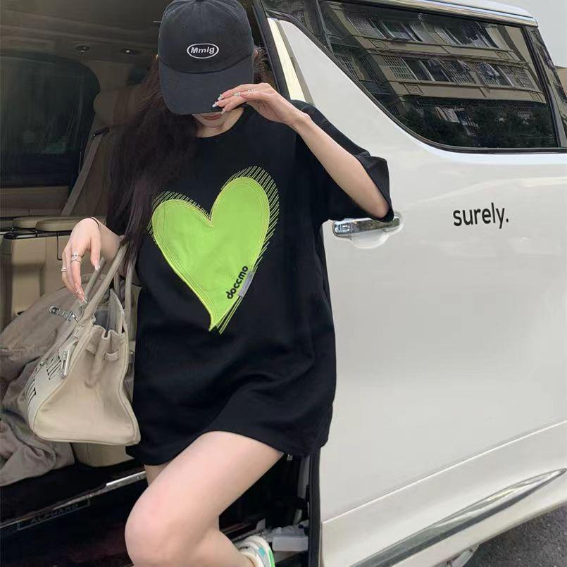 [littlecrab] Kaos Oversize Doccmo Love Hijau Neon Jahit Love Polos T-shirt Couple Unisex Lembut Berkualitas Motif Hati Besar Green Unik Simple Korean Style