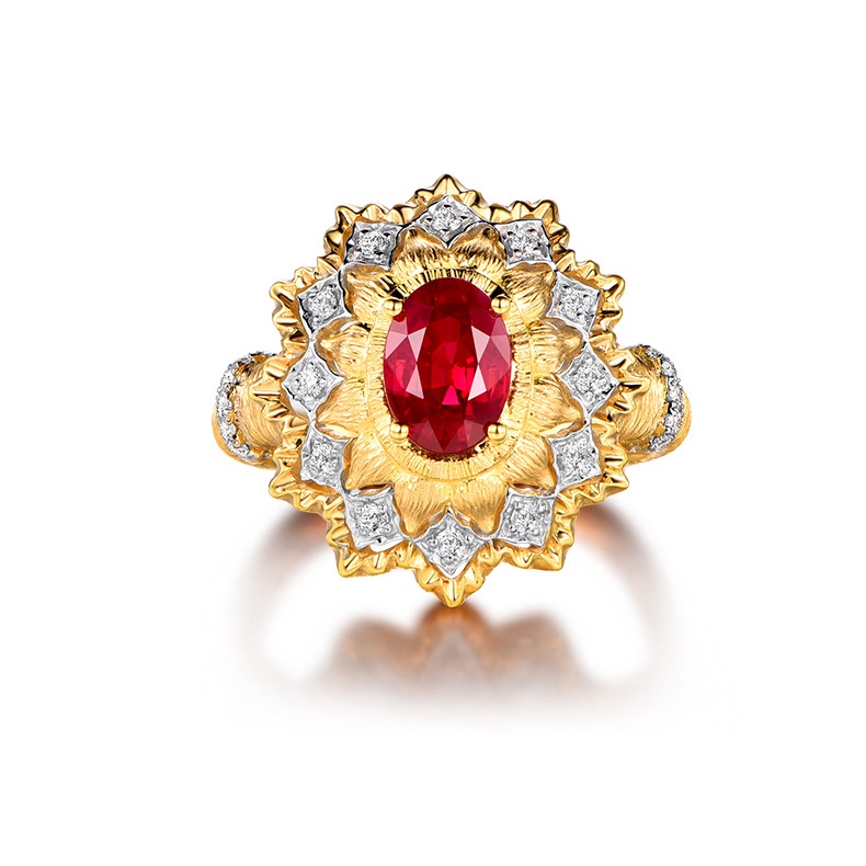 Goldkingdom Perhiasan Fashion 24K Bangkok Aksesoris Ready Stock Teknologi Ukir Emas Asli Kadar 375 Burung Merpati Cincin Permata Merah Dua Warna Emas Asli Kadar 375 Dan Berlian Merah Cincin Gambar Tangan