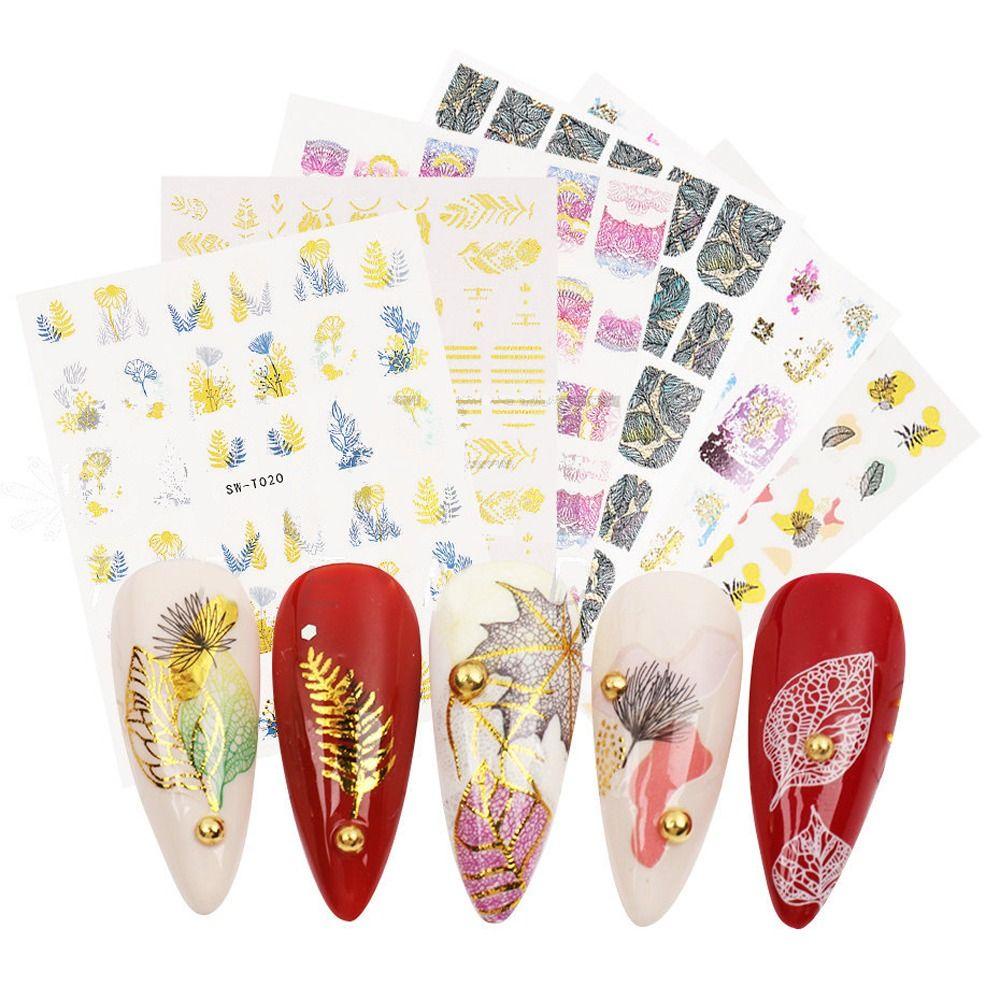 AUGUSTINA Agustin 3D Stiker Kuku Bronzing Daun Maple Wanita Perekat Diri Musim Gugur Musim Semi Kuku Seni Dekorasi