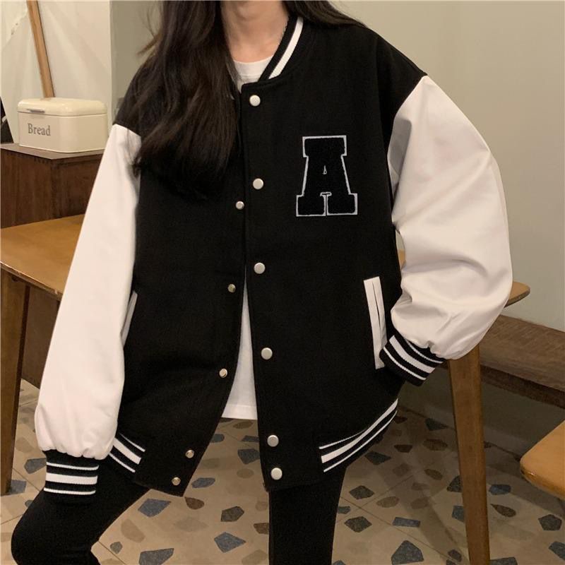 [littlecrab] Jaket Oversize Hitam Putih Letter A Bulu Jacket Varsity Baseball Korea Import Kancing Jepret Berkualitas Fleece Tebal Unisex Couple Good Quality Korean Style