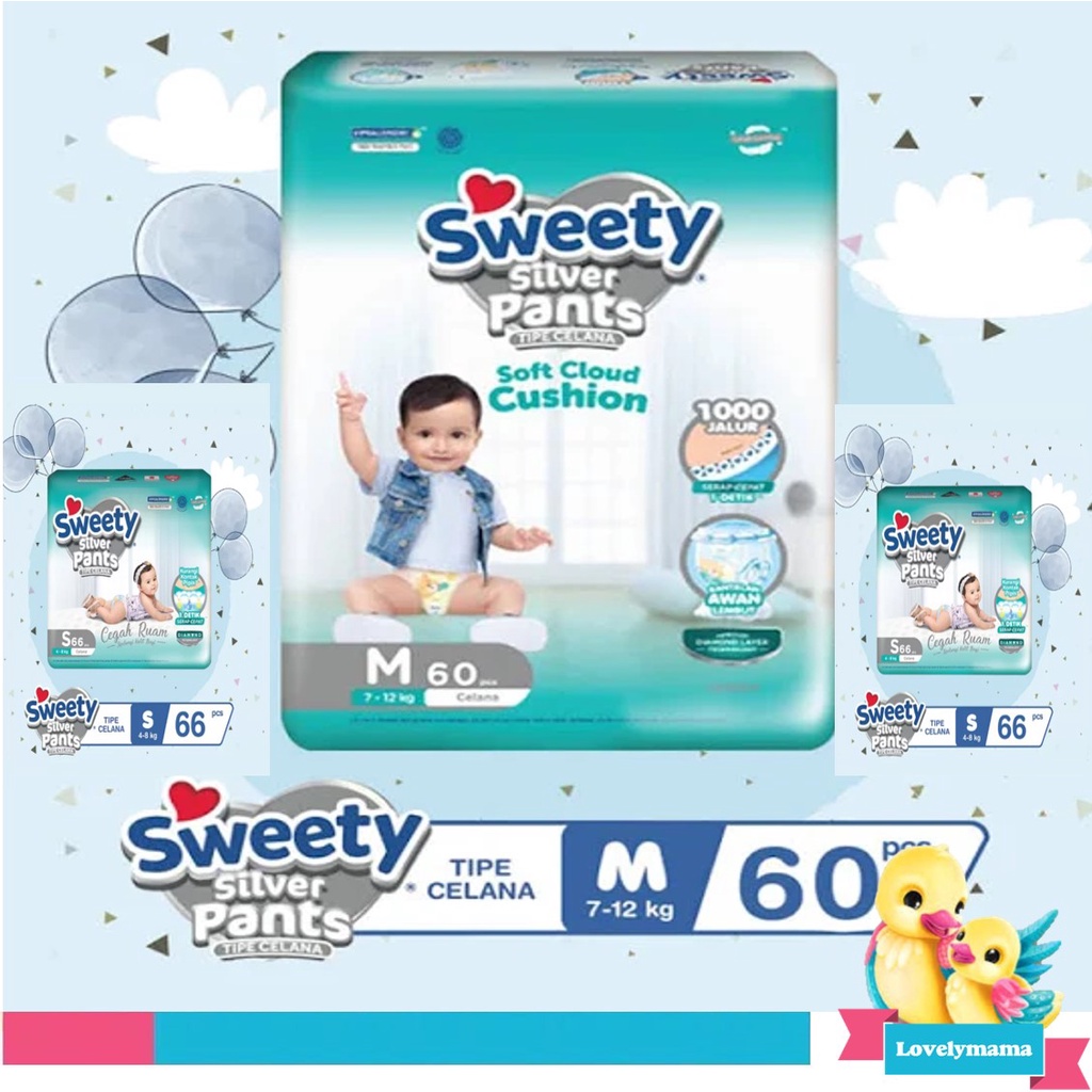 Sweety cloud soft silver pants S66 M60 L54 XL42 XXL32 Sweety S 66 M 60 L 54 XL 42 XXL 32 celana sekali pakai baby pants lovelymama lovelymama411