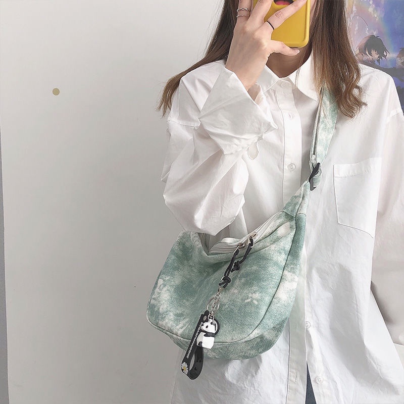 ✹Sera Jepang Harajuku Chic Tie-Dye Kanvas Tas Wanita Gaya Korea Gadis Mahasiswa Messenger Tas Bahu Dumpling Bag