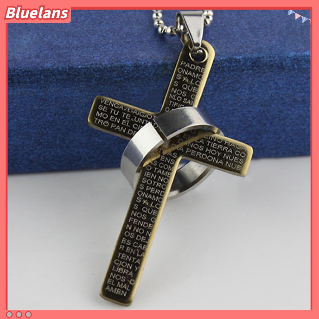 Bluelans Men Stainless Steel Prayer Cross Ring Pendant Ball Chain Punk Necklace Jewelry