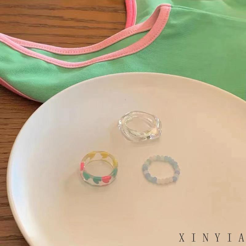 【Bayar di tempat】3pcs / Set Cincin Mutiara Resin Warna-Warni 17KM Untuk Aksesoris Perhiasan Wanita