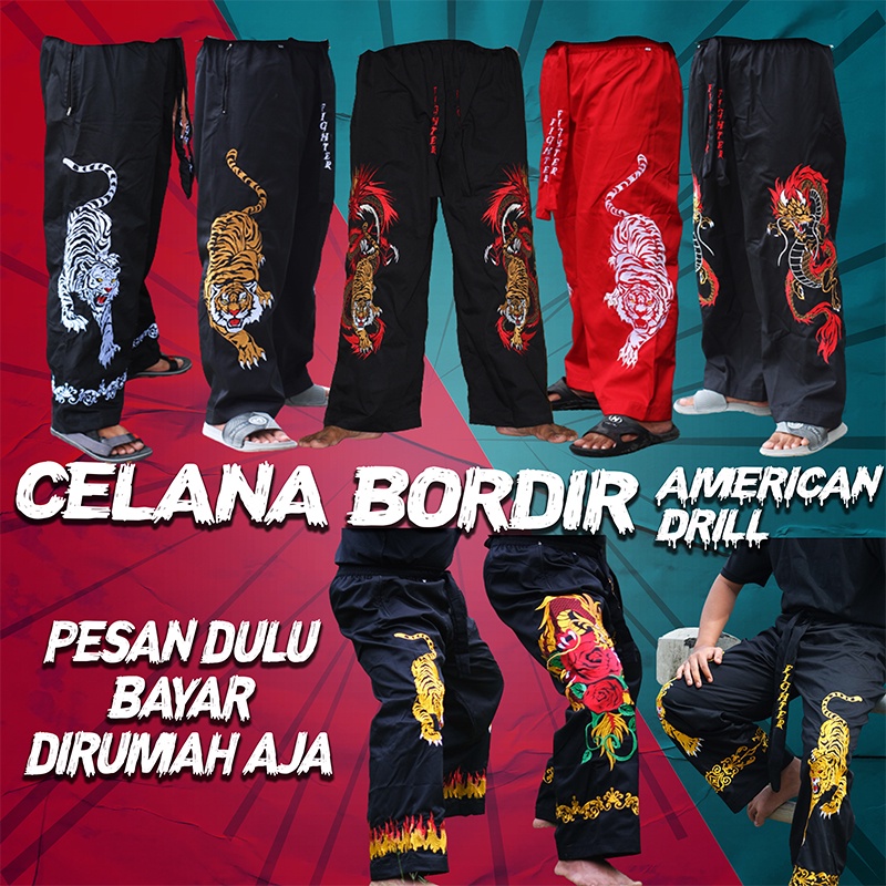 Celana Silat Bordir Komprang Panjang Motif Gambar Naga Harimau Macan Pria Dewasa Outdoor Kualitas Pr