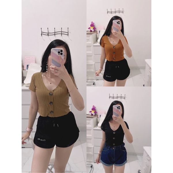 croptop kancing depan wanita.croptop button polos cwe spandek.atasan crop miurah