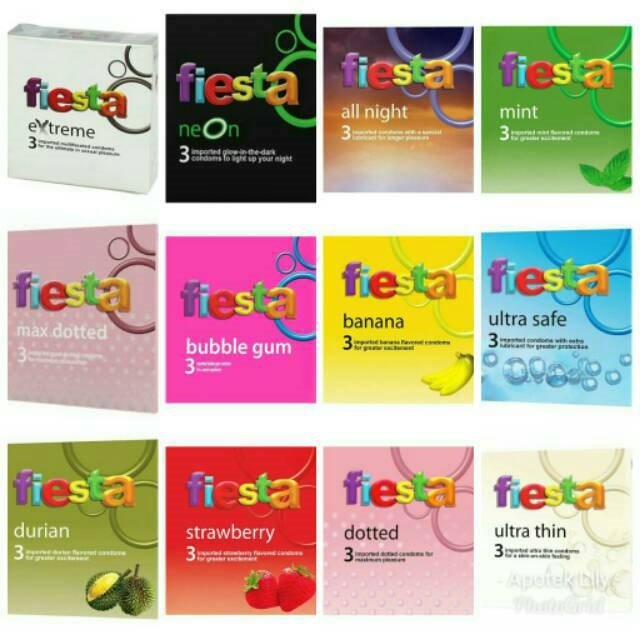Bestbuy0404 Kondom Fiesta Rasa Banana Pisang Durian Anggur Strawberry Bubble Gum Isi 3 Condom