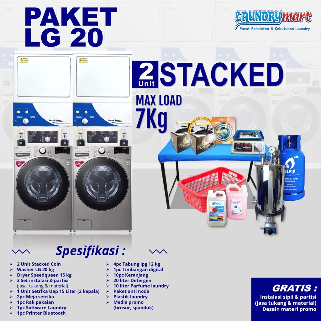 PAKET LAUNDRY COIN 2 STACKED WASHER LG 20KG - DRYER SPEEDQUEEN 15KG