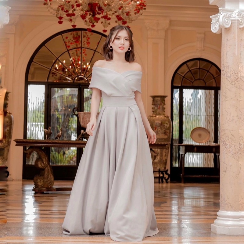 YUMI GOWN - Gaun pesta wanita off shoulder sabrina A line mekar flare big size jumbo ukuran besar dr