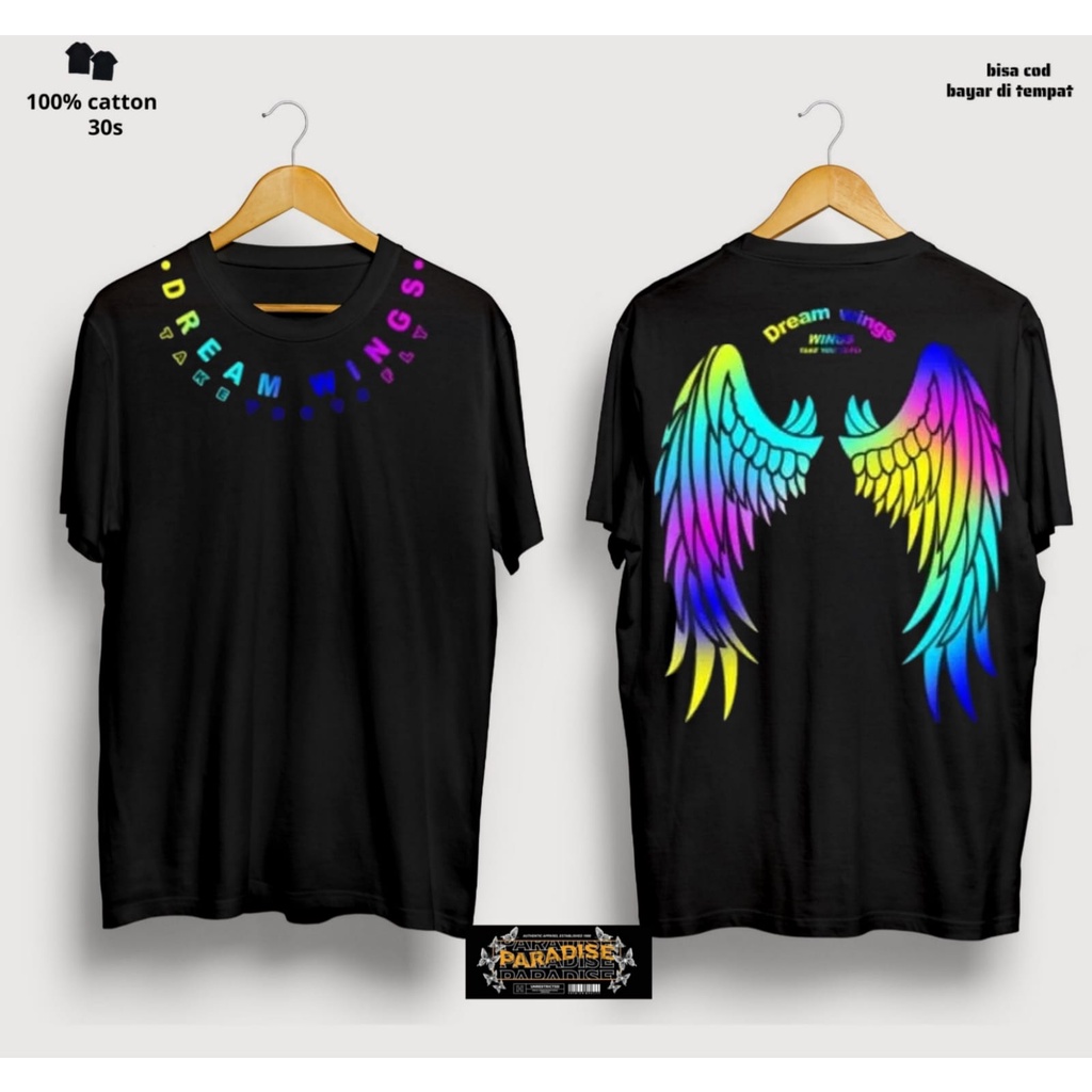 KAOS T-SHIRT SAYAP DREAM WINGS PELANGI / KAOS ANGEL SAYAP / KAOS SAYAP RAINBOW / BAJU KAOS SAYAP / K