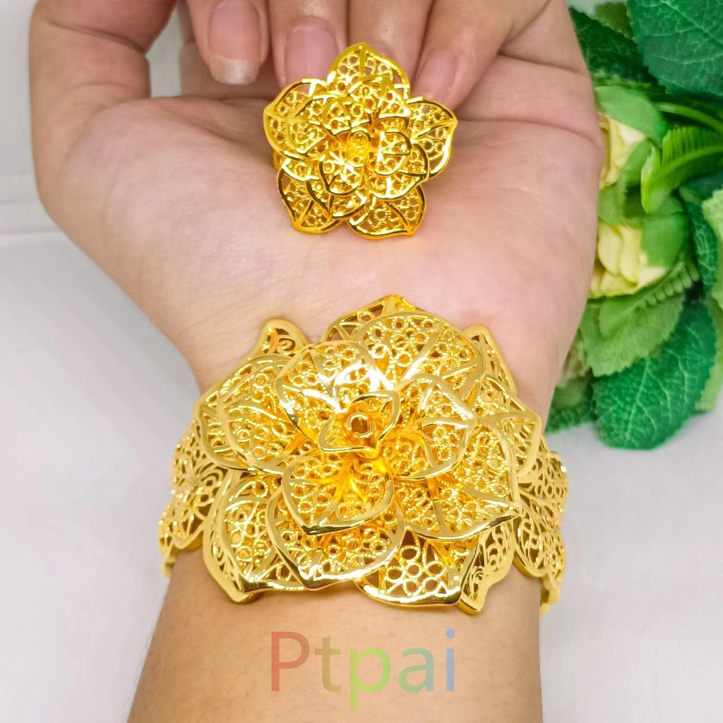 Satu set Gelang Kendari Dan cincin xuping perhiasan lapis Emas 24k Dubai bangle gold