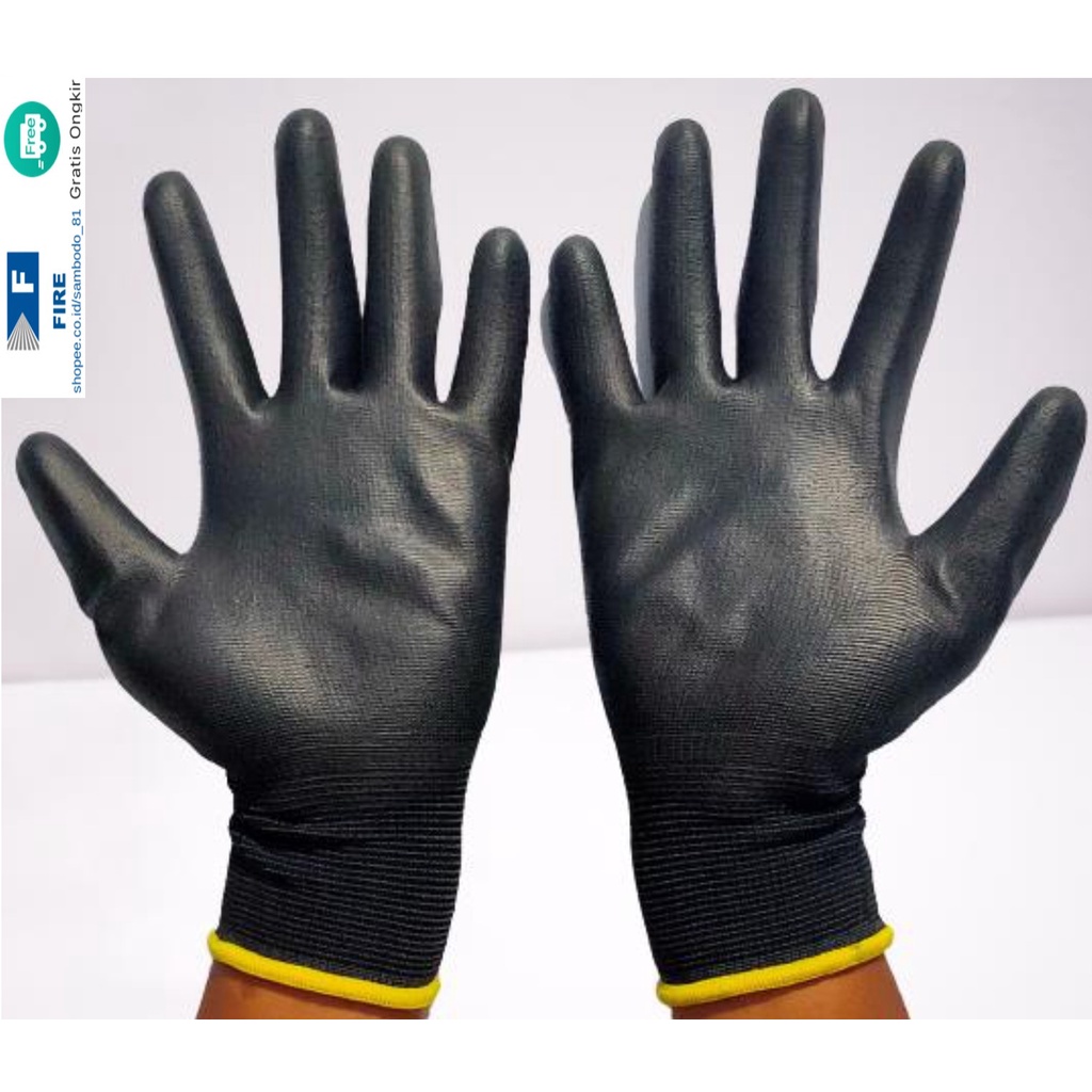 Sarung Tangan Karet Palm Fit Ukuran S,M, L, XL Proyek Satpam Anti Slip Hitam Black Hand Gloves Mekanik Montir Berkebun Tukang Telapak Tangan dilapisi karet Bahan Nylon Polyester Elektronik Assembly Static Multi Purpose Industri Pabrik