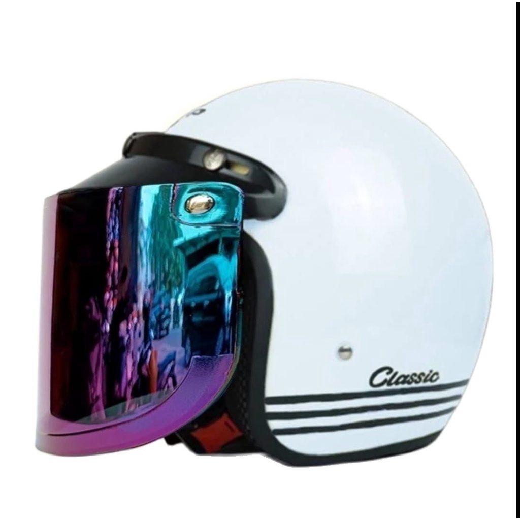 Helm Bogo Polos Classic PUTIH Dewasa Kaca Datar/Kaca Cembung Hitam Bening Untuk Pria Dan Wanita Dewa