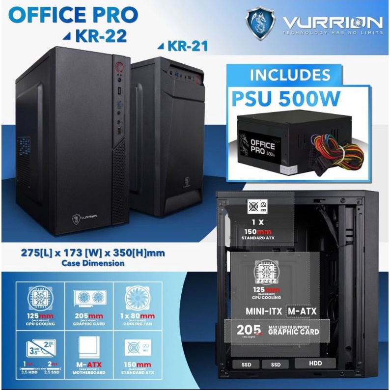 Casing Office Pro KR 22 Vurrion Free Include PSU 500Watt Case Casing Standard Micro Atx Matx Resmi