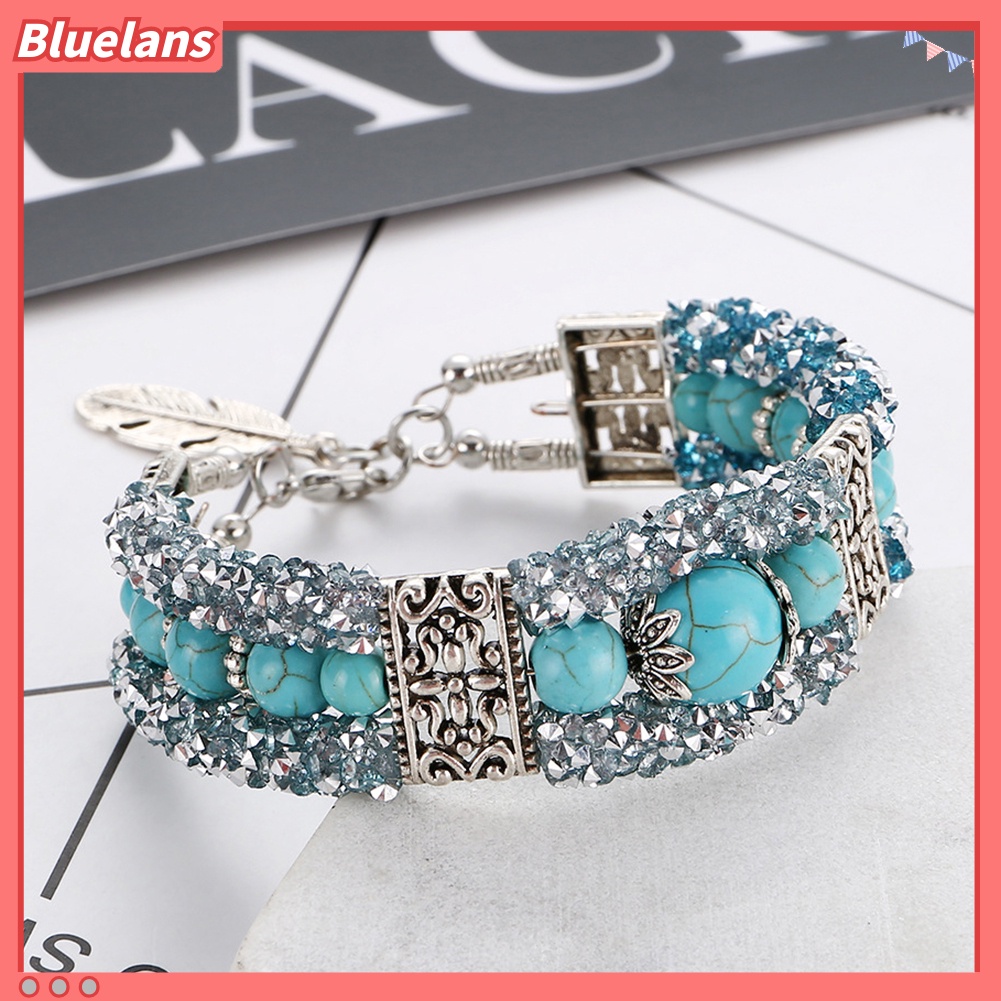 Bluelans Vintage Women Faux Turquoise Beads Rhinestone Carved Bracelet Bangle Jewelry
