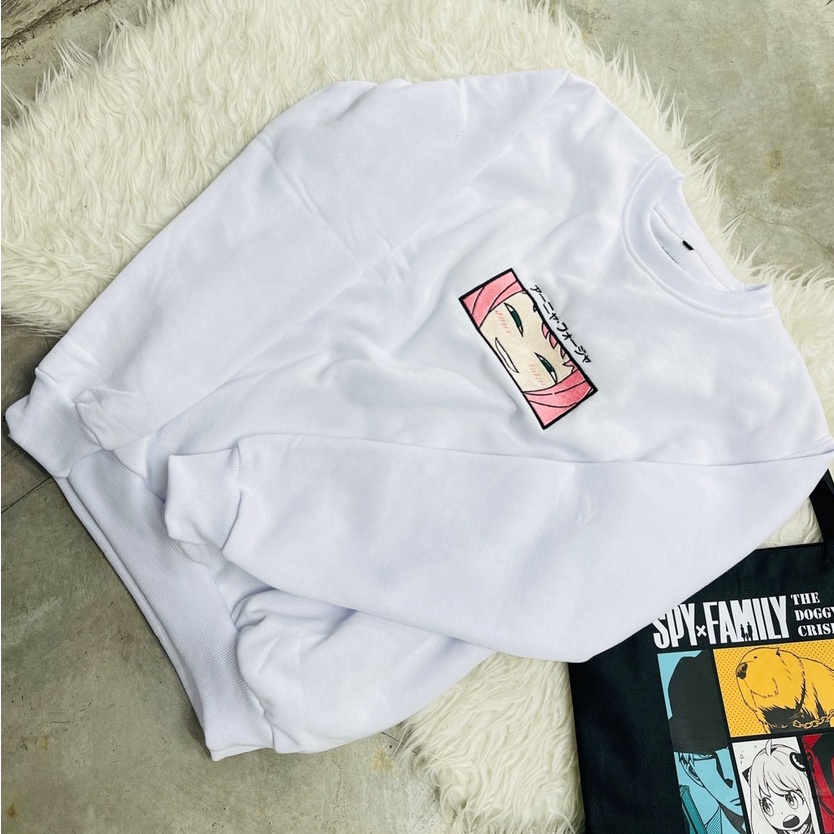Crewneck Anya Smirk Embroidery White Anime Manga Spy X Family Premium Unisex