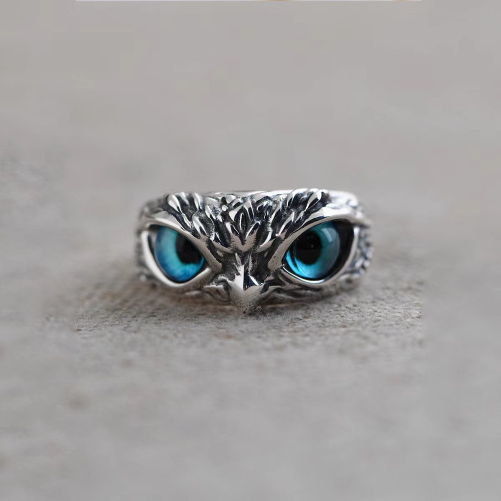 Cincin adjustable Desain Burung Hantu Mata Biru Gaya hip hop vintage Untuk Pria