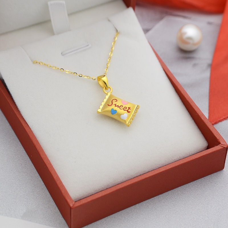 Goldkingdom Fashion Perhiasan Emas Asli Kadar 375 Bangkok Aksesoris Ready Stock Berlapis Emas Permen Liontin Mini Kecil Klavikula Rantai Perempuan Kalung Indah 3d Warisan