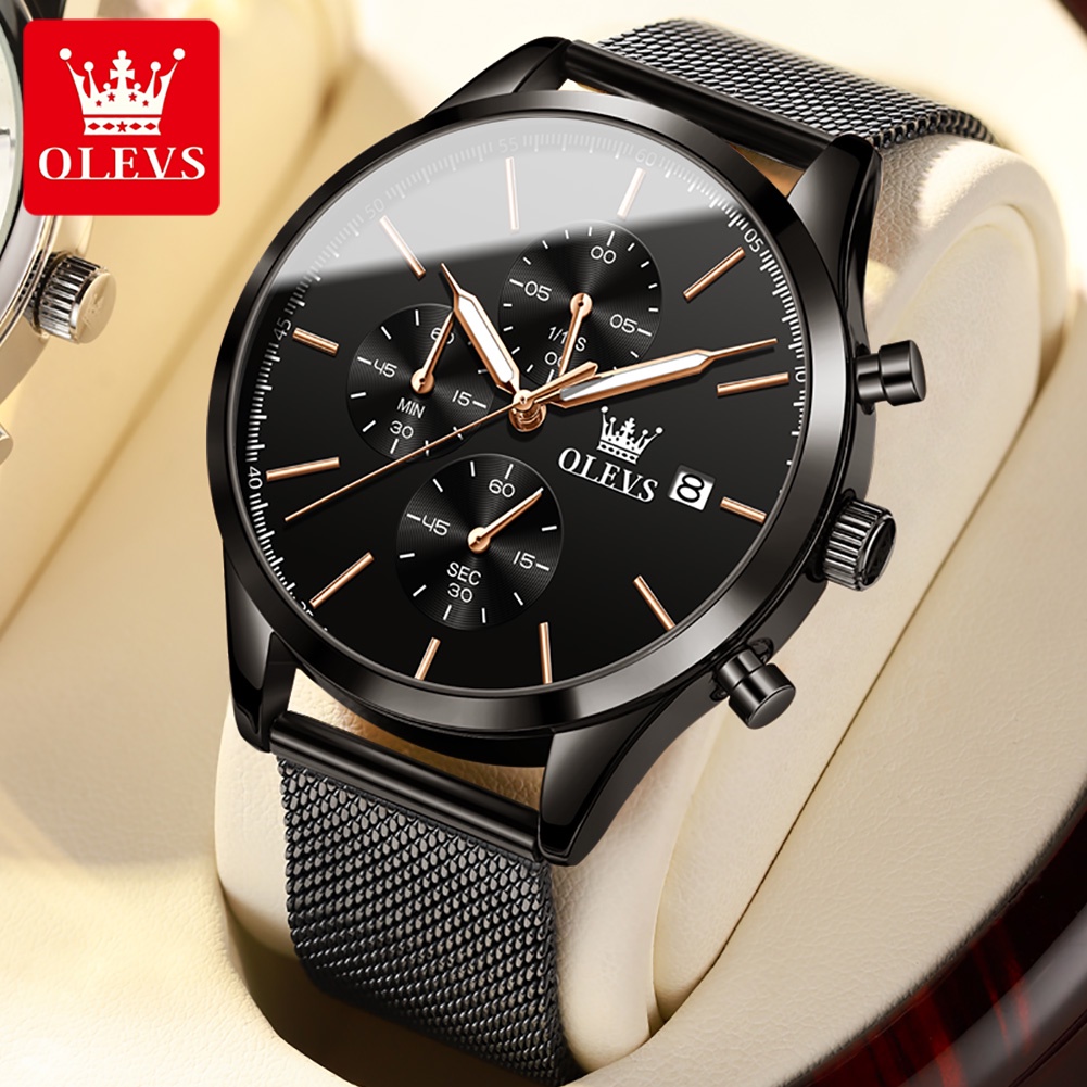 OLEVS Jam Tangan Pria Original Anti Air Tahan Luminous Fashion Analog Chronograph Stainless Steel Watch Men