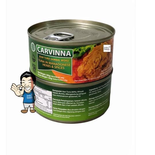 

Promo baru--Carvinna Daging Ikan Tuna Kaleng Sambal-Tuna In Manadonese Canned 185 g