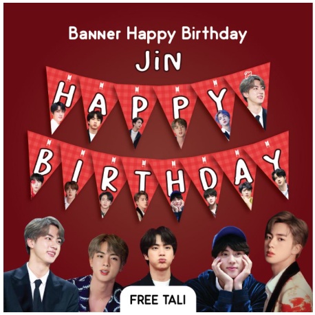 BANNER HAPPY BIRTHDAY JIN SEOKJIN BTS TULISAN HBD DEKORASI ULANG TAHUN HIASAN DINDING DEKOR ULTAH AN
