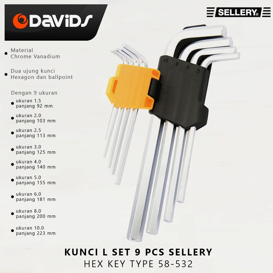 Kunci L Set Panjang Konci Baja Segi Enam 9 Pcs Hex Key Sellery 58532