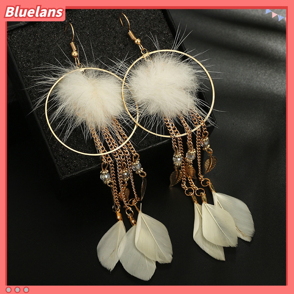 Anting Kait Gantung Panjang Desain Daun + Bulu Untuk Wanita