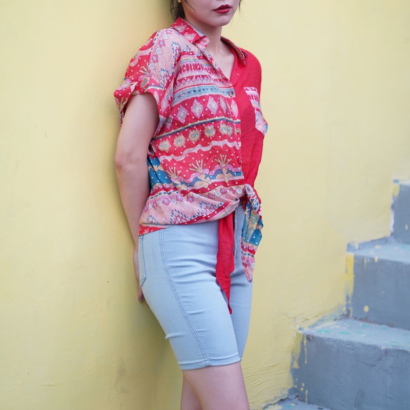 KEMEJA WANITA 2022 BARU CHIFFON TEMPERAMENT SPLICING POCKET TREND SHIRTS KEMEJA MOTIF WANITA KEMEJA POLOS