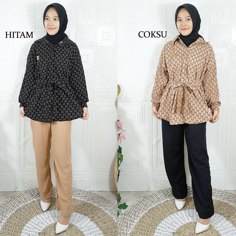 SETELAN TIARA KEMEJA BUSUI FRIENDLY OVERSIZE DAN CELANA PANJANG WANITA CANTIK CARLINA FASHION