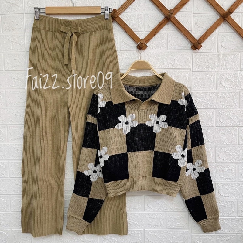 ONESET FAMELA SWEATER RAJUT BUNGA SETELAN CELANA KULOT RAJUT